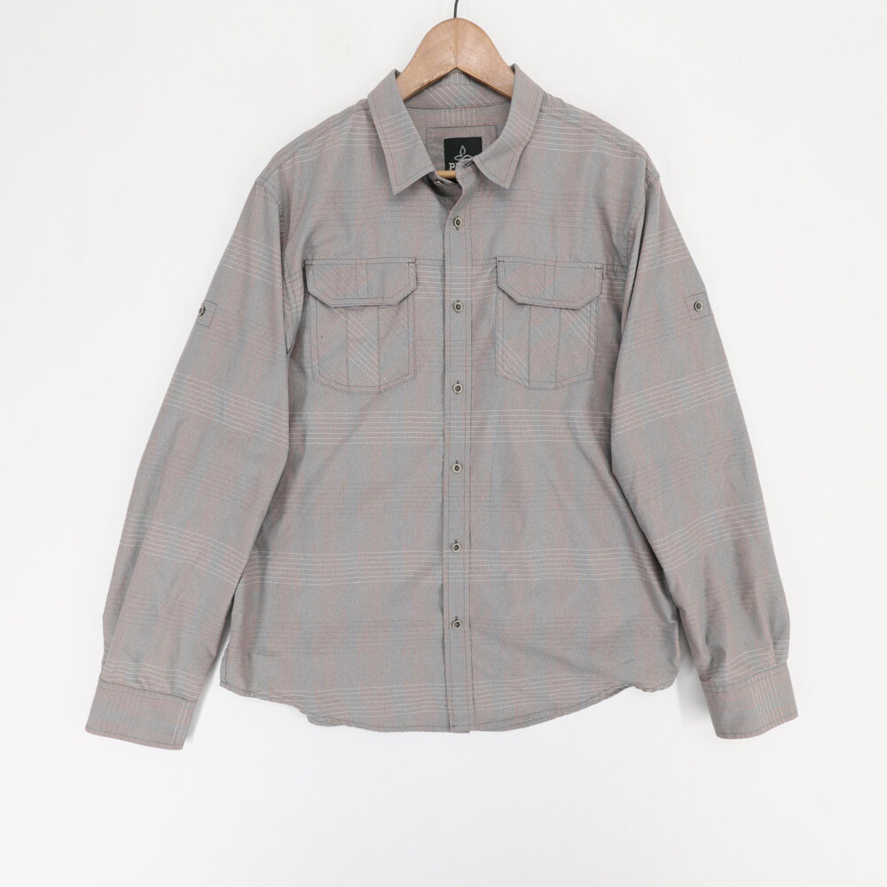 Prana Citadel Shirt Mens L Gray Striped Long Sleeve Roll Tab Button Down Hiking